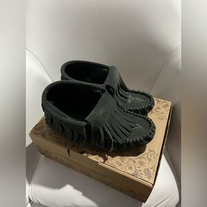 Manitobah Gray Suede Moccasins with Fringe